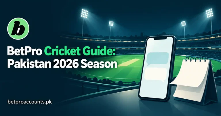 BetPro cricket guide for Pakistan's 2026 season: a floodlit stadium, a phone and a match calendar